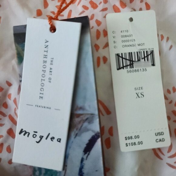 Anthopologie Moglea Danae Poplin Babydoll Blouse Sz XS White/Orange Boho NWT - Picture 7 of 12